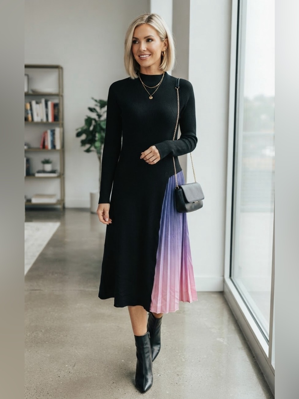 Chicwish Black Ombre Pleated Asymmetric Midi Dress M
